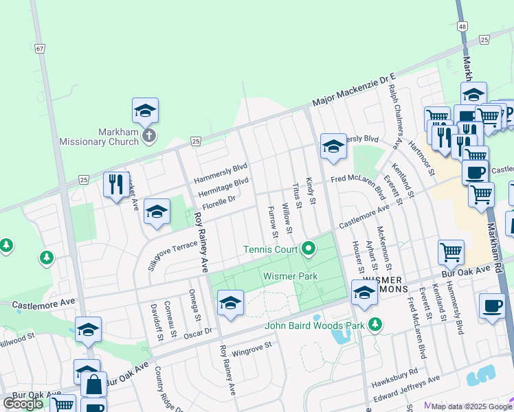 map of restaurants, bars, coffee shops, grocery stores, and more near Fred McLaren Boulevard in Markham