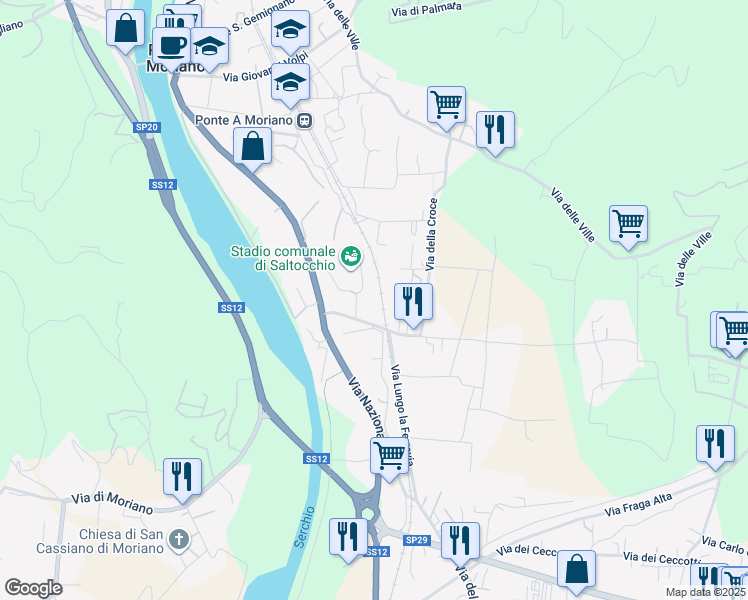 map of restaurants, bars, coffee shops, grocery stores, and more near 171 Via della Chiesa di Saltocchio in Lucca