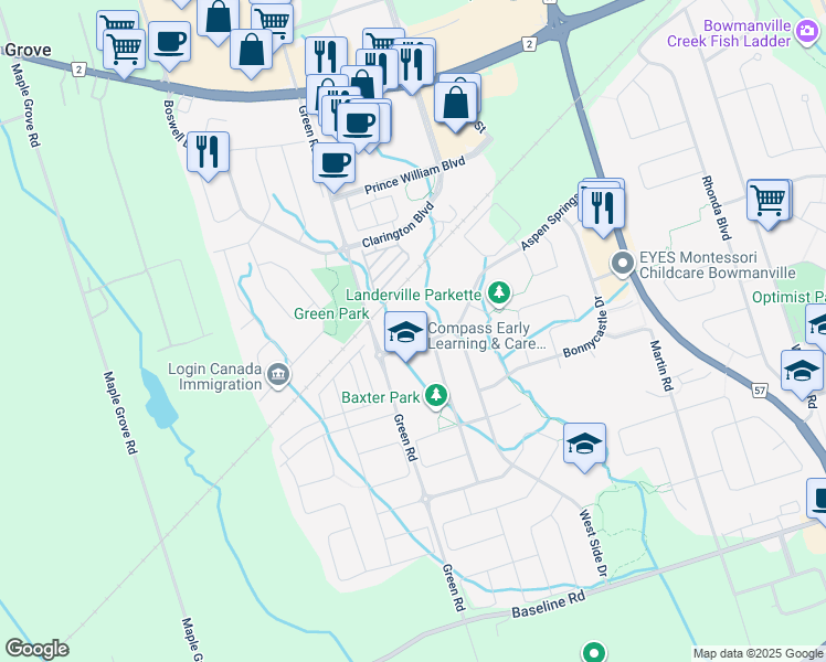 map of restaurants, bars, coffee shops, grocery stores, and more near 128 Aspen Springs Drive in Bowmanville