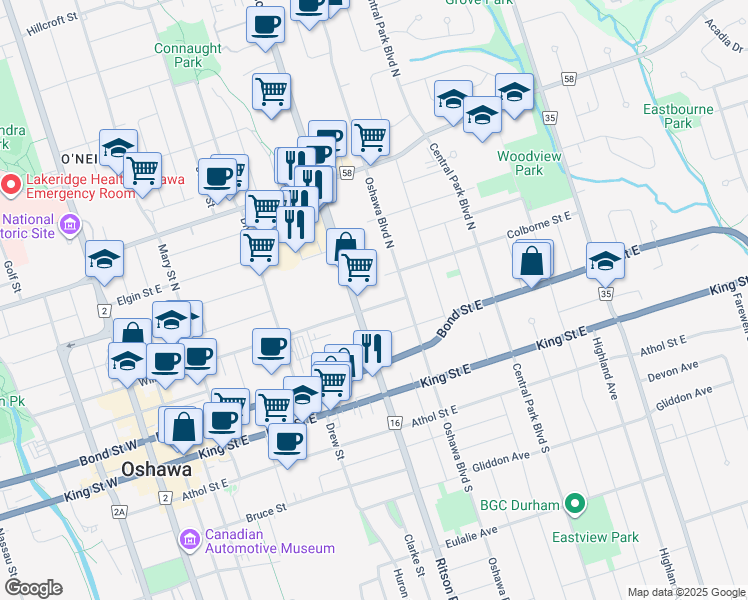 map of restaurants, bars, coffee shops, grocery stores, and more near 107 Durham Regional Road 16 in Oshawa