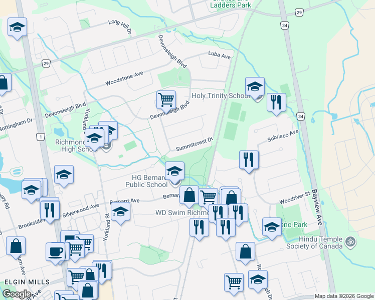 map of restaurants, bars, coffee shops, grocery stores, and more near 57 Summitcrest Drive in Richmond Hill