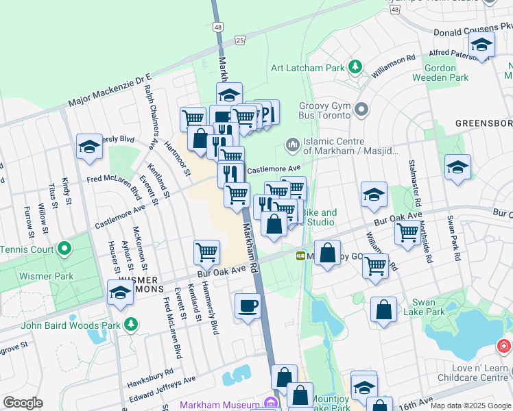 map of restaurants, bars, coffee shops, grocery stores, and more near 158 Anderson Avenue in Markham