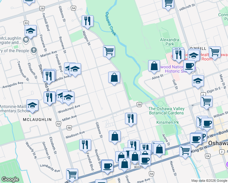 map of restaurants, bars, coffee shops, grocery stores, and more near 306 Humber Avenue in Oshawa