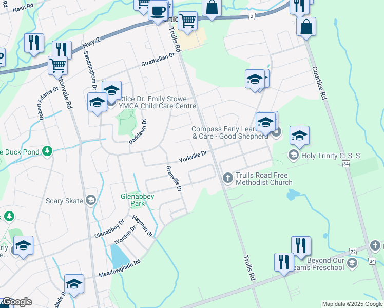 map of restaurants, bars, coffee shops, grocery stores, and more near 2 Inglis Avenue in Courtice