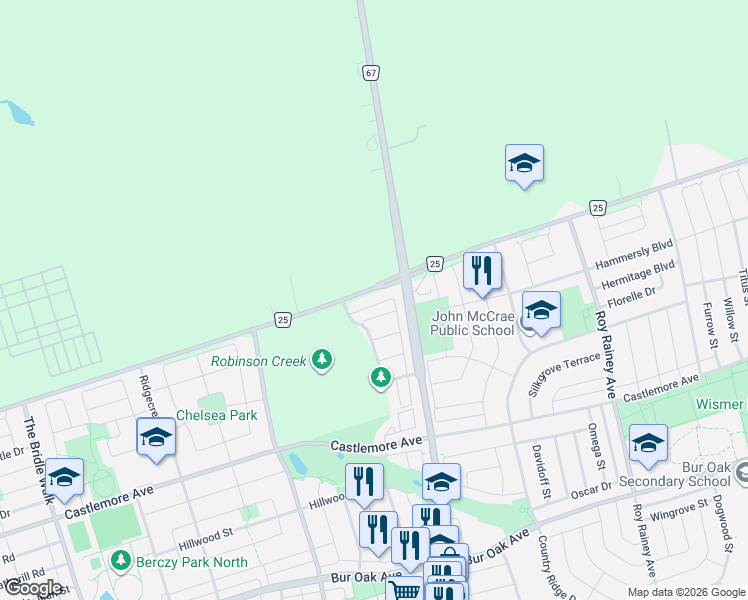 map of restaurants, bars, coffee shops, grocery stores, and more near in Markham