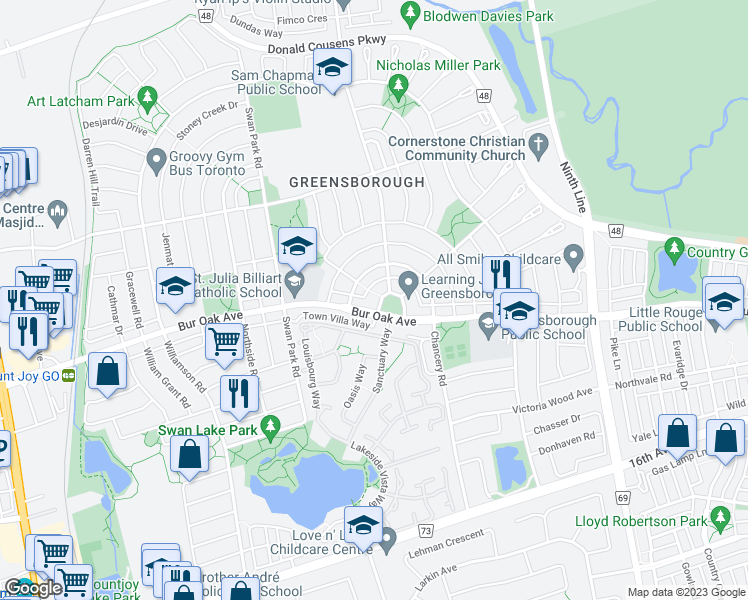 map of restaurants, bars, coffee shops, grocery stores, and more near 10 Greensborough Village Circle in Markham