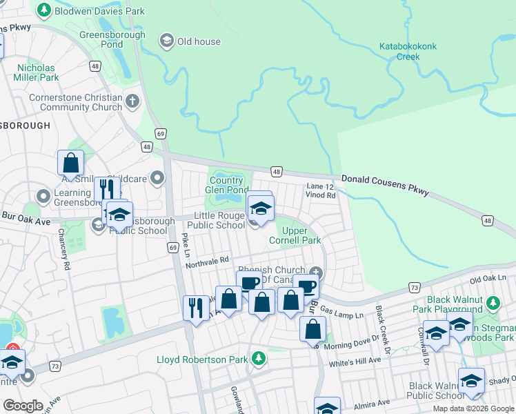 map of restaurants, bars, coffee shops, grocery stores, and more near 2516 Bur Oak Avenue in Markham