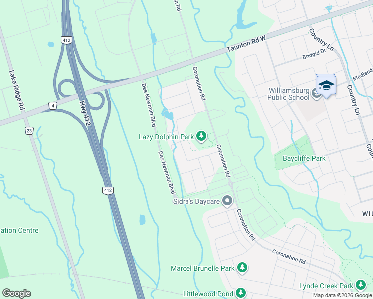 map of restaurants, bars, coffee shops, grocery stores, and more near 725 Taunton Road West in Whitby