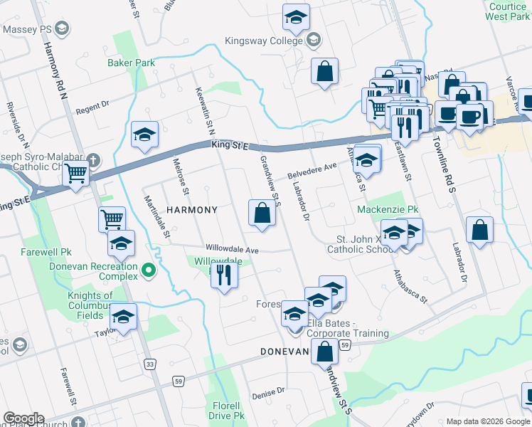 map of restaurants, bars, coffee shops, grocery stores, and more near 131 Springdale Crescent in Oshawa