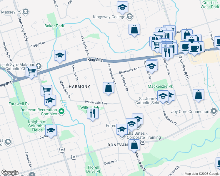map of restaurants, bars, coffee shops, grocery stores, and more near 131 Springdale Crescent in Oshawa