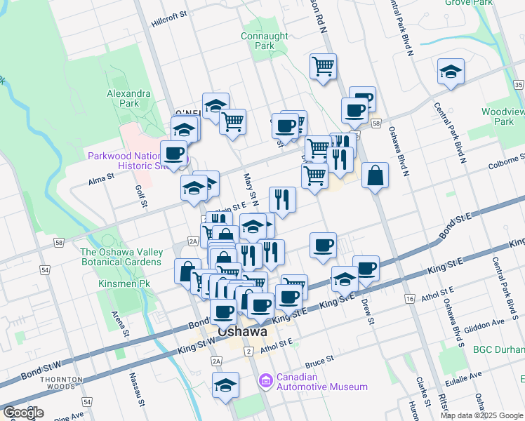 map of restaurants, bars, coffee shops, grocery stores, and more near 92 Elgin Street East in Oshawa