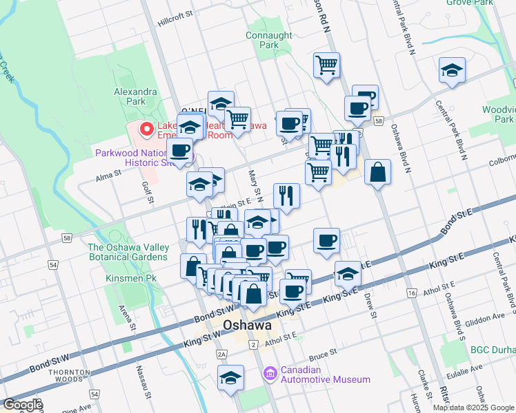 map of restaurants, bars, coffee shops, grocery stores, and more near 92 Elgin Street East in Oshawa