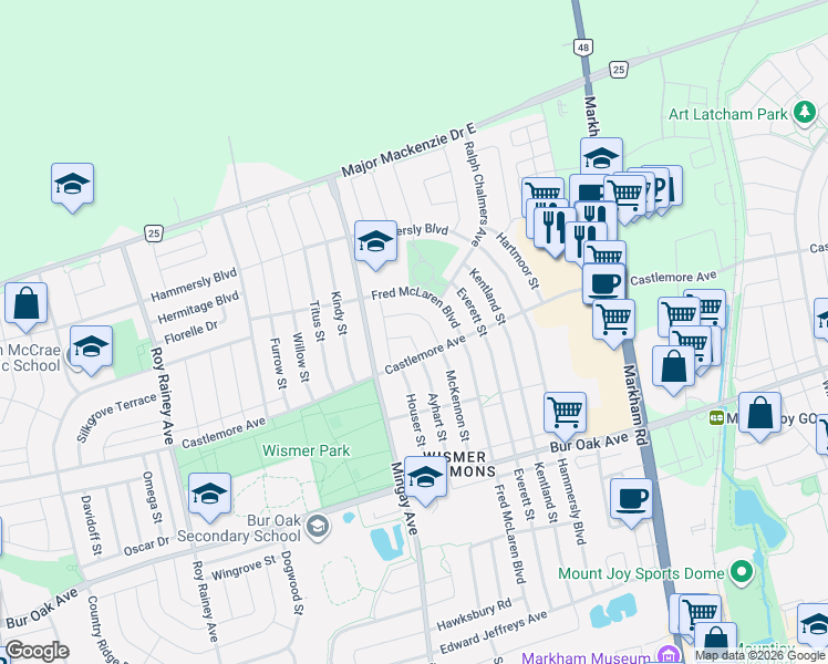 map of restaurants, bars, coffee shops, grocery stores, and more near 13 Stotts Crescent in Markham