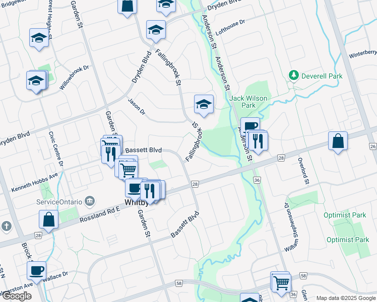 map of restaurants, bars, coffee shops, grocery stores, and more near 8 Fallingbrook Street in Whitby