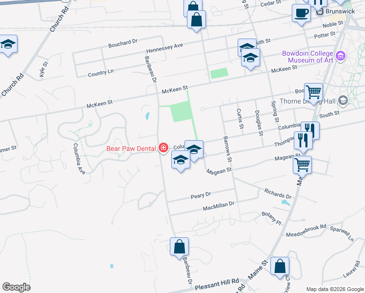 map of restaurants, bars, coffee shops, grocery stores, and more near 65 Columbia Avenue in Brunswick