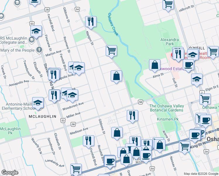 map of restaurants, bars, coffee shops, grocery stores, and more near 333 Ridgeway Avenue in Oshawa