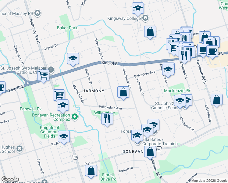map of restaurants, bars, coffee shops, grocery stores, and more near 117 Keewatin Street South in Oshawa