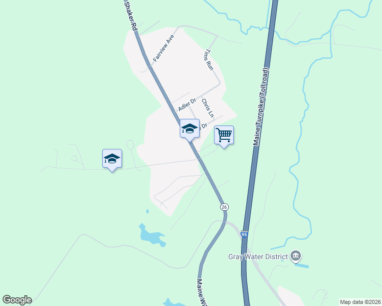map of restaurants, bars, coffee shops, grocery stores, and more near 141 Shaker Road in Gray