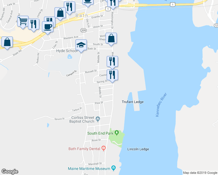 map of restaurants, bars, coffee shops, grocery stores, and more near 514 Washington Street in Bath