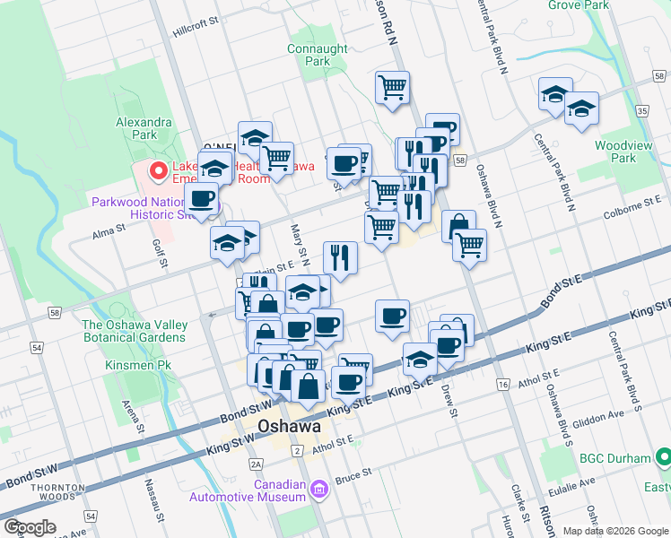 map of restaurants, bars, coffee shops, grocery stores, and more near in Oshawa