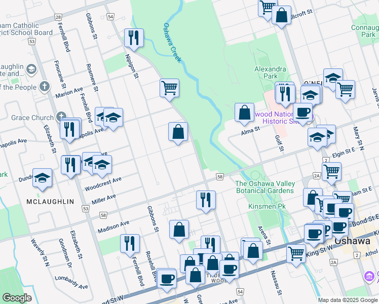 map of restaurants, bars, coffee shops, grocery stores, and more near 283 Ridgeway Avenue in Oshawa
