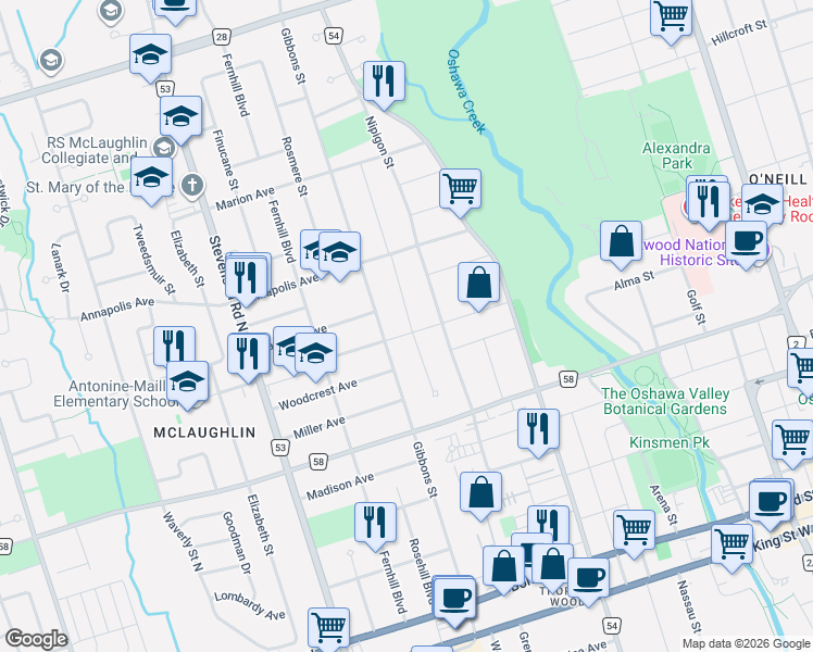 map of restaurants, bars, coffee shops, grocery stores, and more near 340 Fairlawn Street in Oshawa