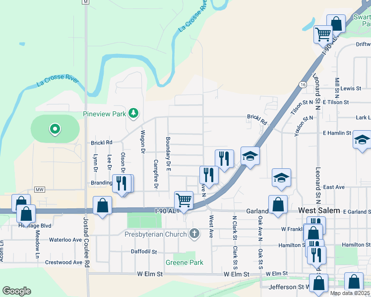 map of restaurants, bars, coffee shops, grocery stores, and more near Anderson Trailer Ct in West Salem