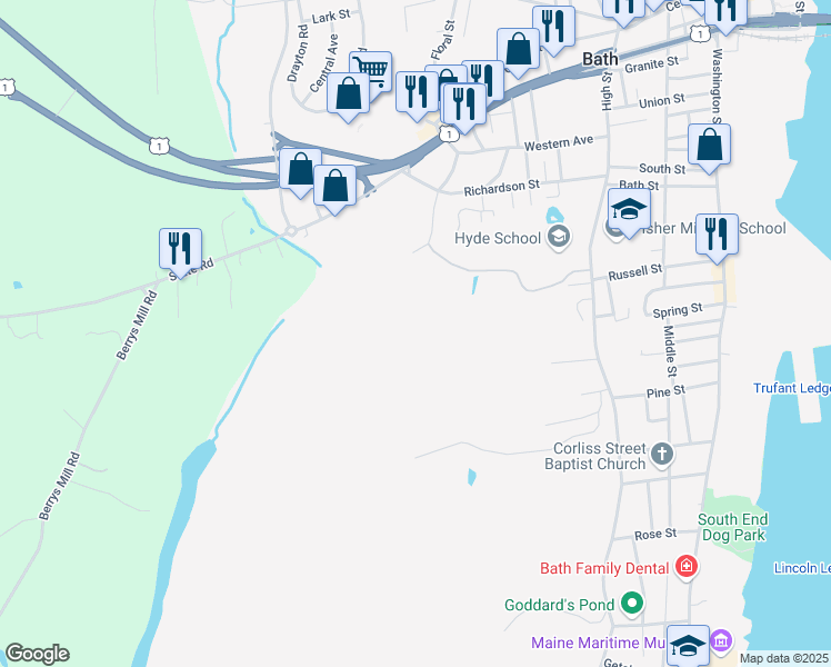 map of restaurants, bars, coffee shops, grocery stores, and more near 616 High Street in Bath
