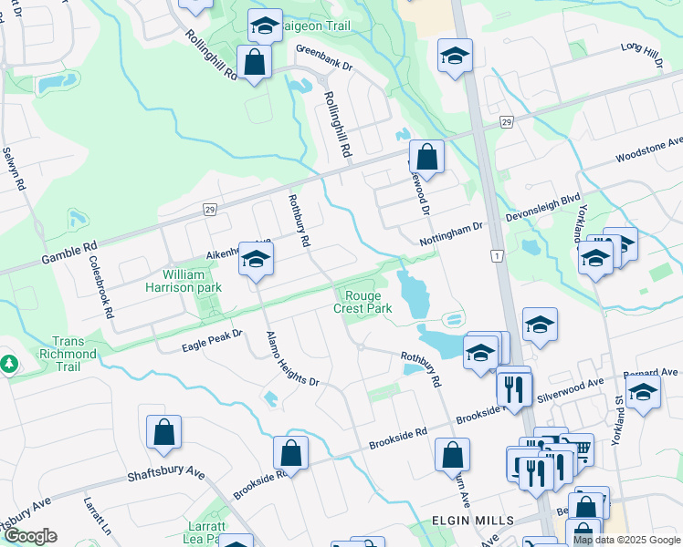 map of restaurants, bars, coffee shops, grocery stores, and more near 21 Cedarcrest Crescent in Richmond Hill