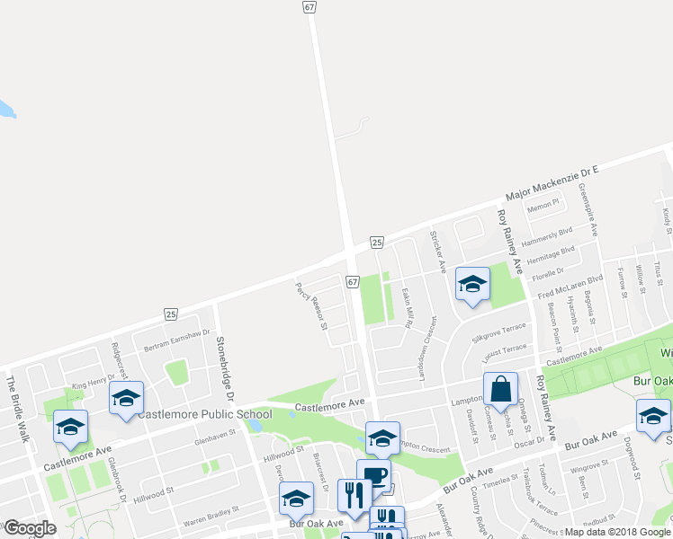 map of restaurants, bars, coffee shops, grocery stores, and more near 5303 Major Mackenzie Drive East in Markham