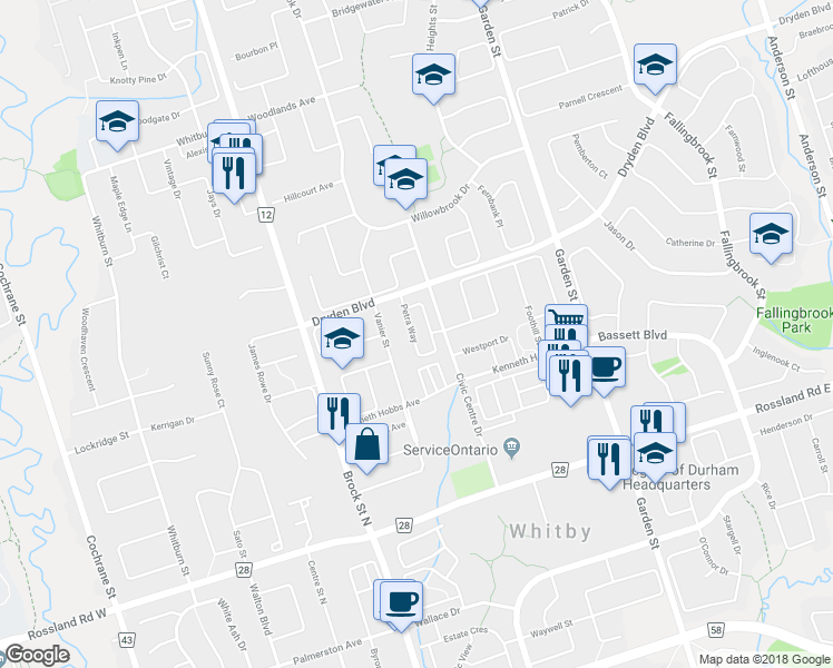 map of restaurants, bars, coffee shops, grocery stores, and more near 27 Petra Way in Whitby
