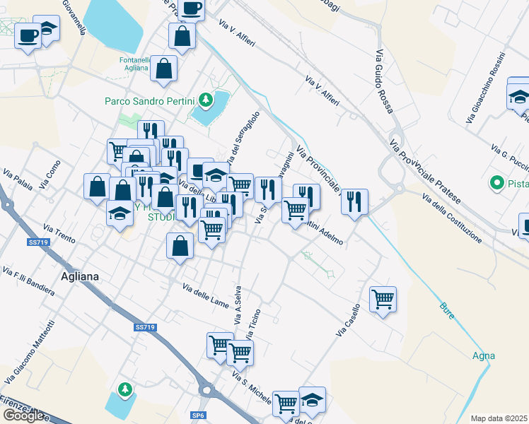 map of restaurants, bars, coffee shops, grocery stores, and more near 48A Via Spartaco Lavagnini in Agliana