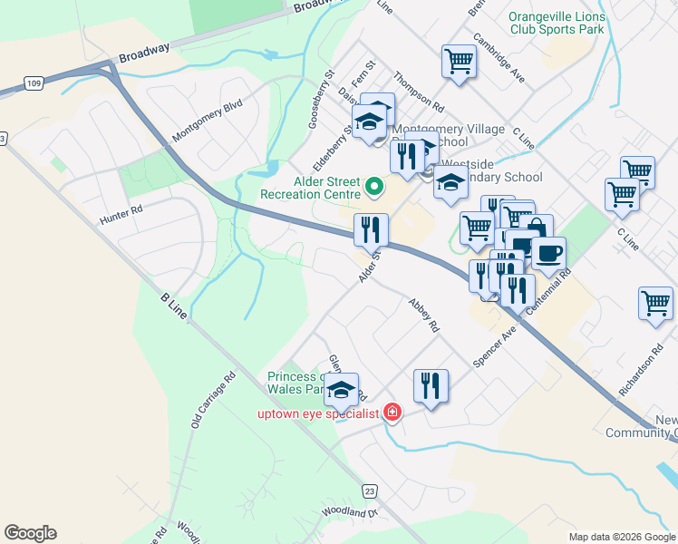 map of restaurants, bars, coffee shops, grocery stores, and more near 11 Colbourne Crescent in Orangeville