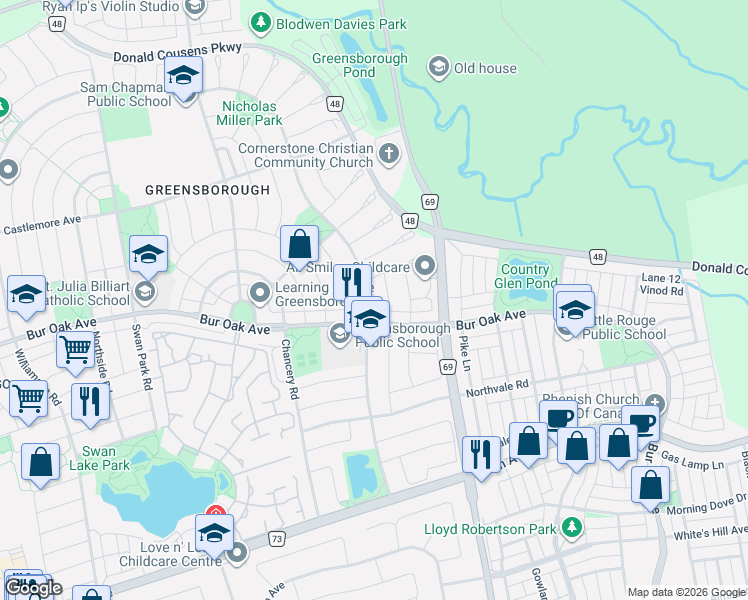 map of restaurants, bars, coffee shops, grocery stores, and more near 105 Alfred Paterson Drive in Markham