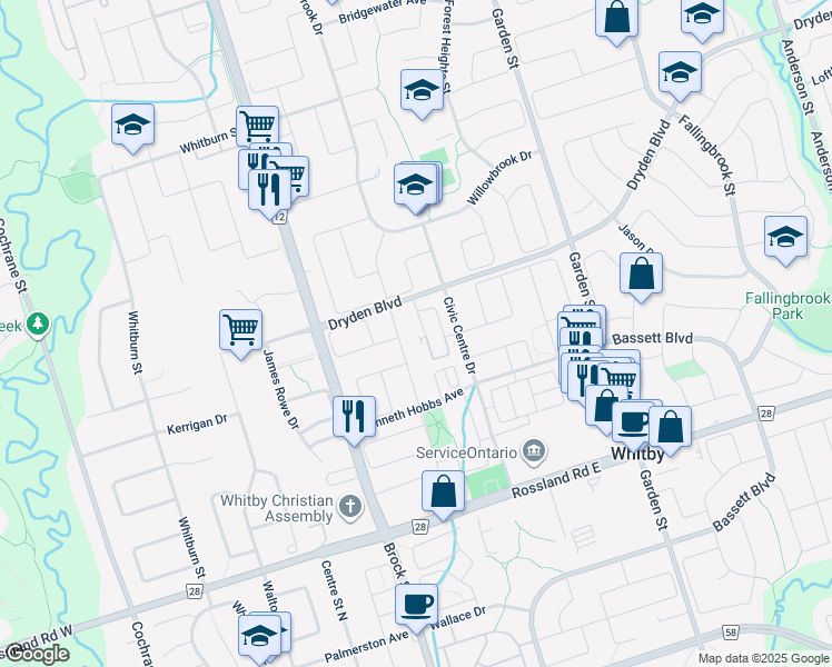 map of restaurants, bars, coffee shops, grocery stores, and more near 20 Petra Way in Whitby