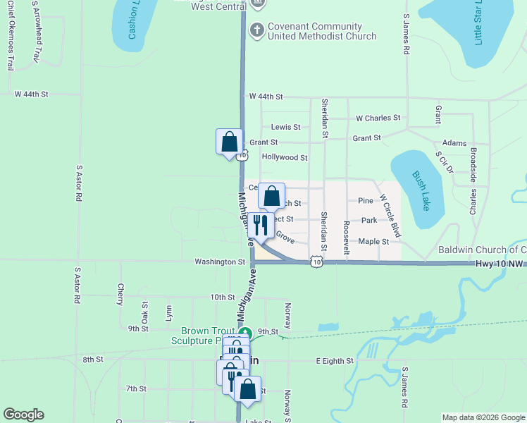 map of restaurants, bars, coffee shops, grocery stores, and more near 948 Church Street in Baldwin