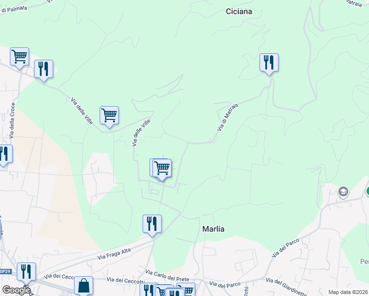 map of restaurants, bars, coffee shops, grocery stores, and more near 635 Via di Matraia in Lucca