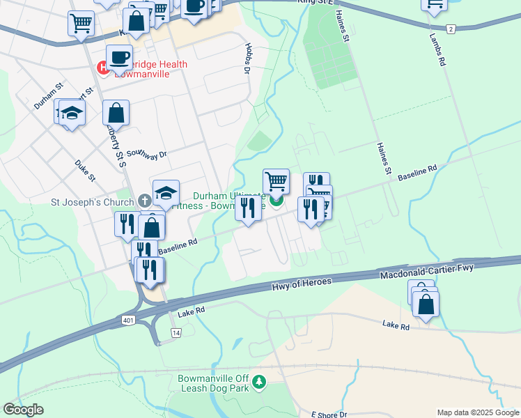 map of restaurants, bars, coffee shops, grocery stores, and more near Baseline Road East in Bowmanville
