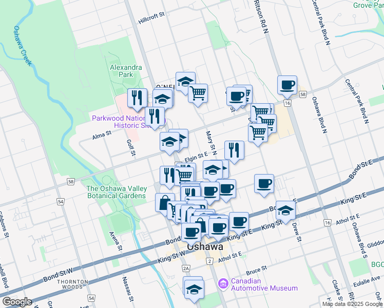 map of restaurants, bars, coffee shops, grocery stores, and more near in Oshawa