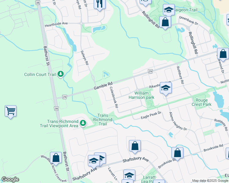 map of restaurants, bars, coffee shops, grocery stores, and more near 19 Colesbrook Road in Richmond Hill
