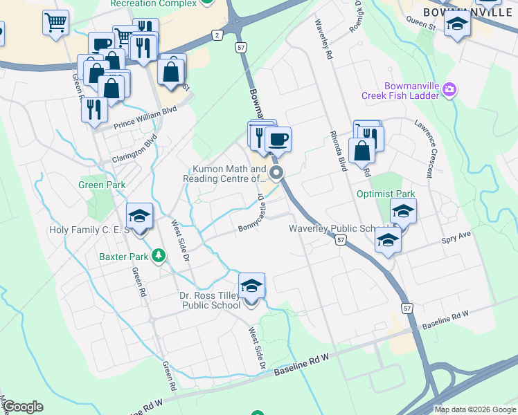 map of restaurants, bars, coffee shops, grocery stores, and more near 64 Bonnycastle Drive in Clarington