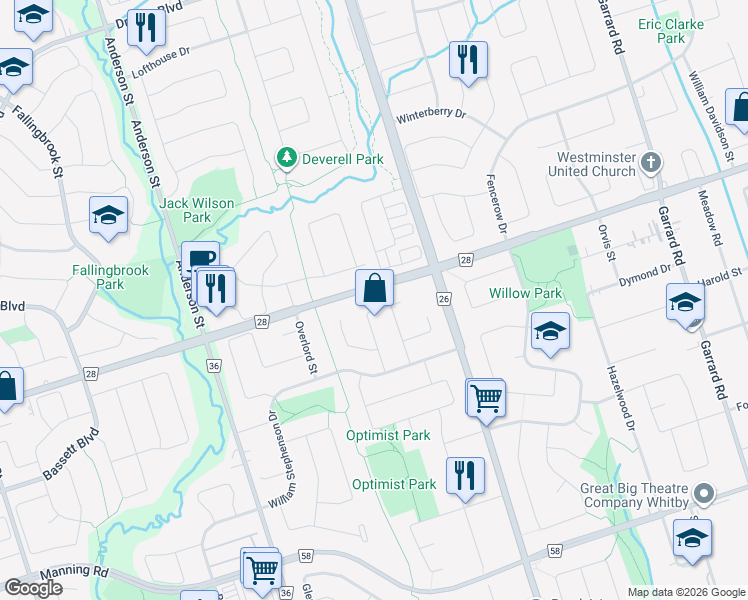 map of restaurants, bars, coffee shops, grocery stores, and more near 34 Stafford Crescent in Whitby