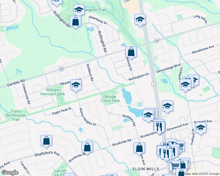 map of restaurants, bars, coffee shops, grocery stores, and more near 43 Cedarcrest Crescent in Richmond Hill