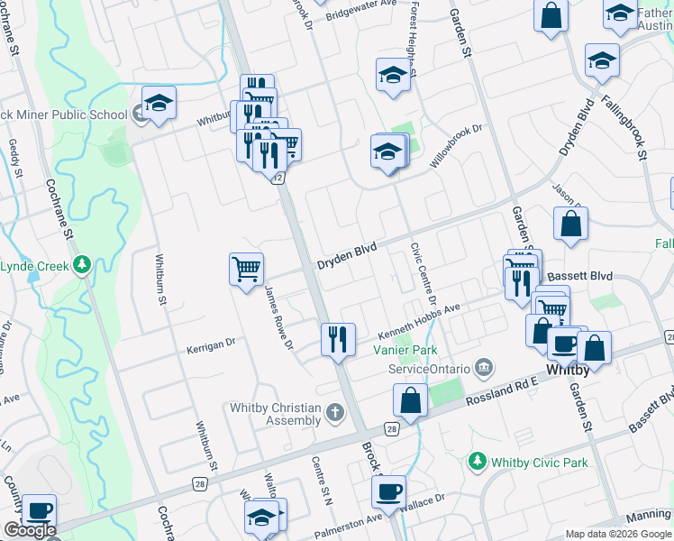 map of restaurants, bars, coffee shops, grocery stores, and more near 84 Robideau Place in Whitby