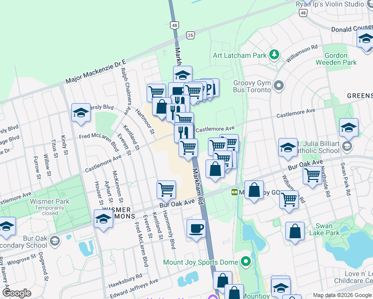 map of restaurants, bars, coffee shops, grocery stores, and more near 9750 Markham Road in Markham
