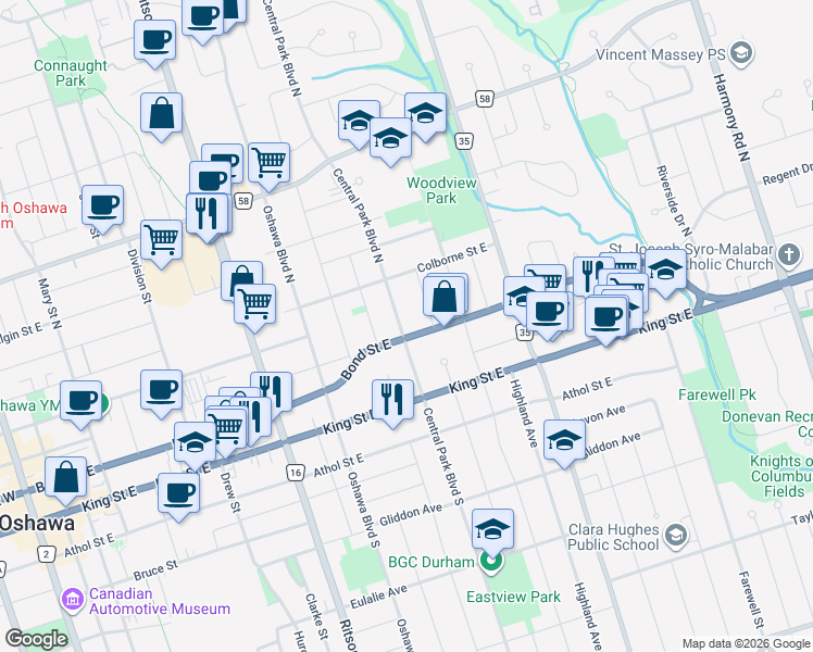map of restaurants, bars, coffee shops, grocery stores, and more near 73 Central Park Boulevard North in Oshawa