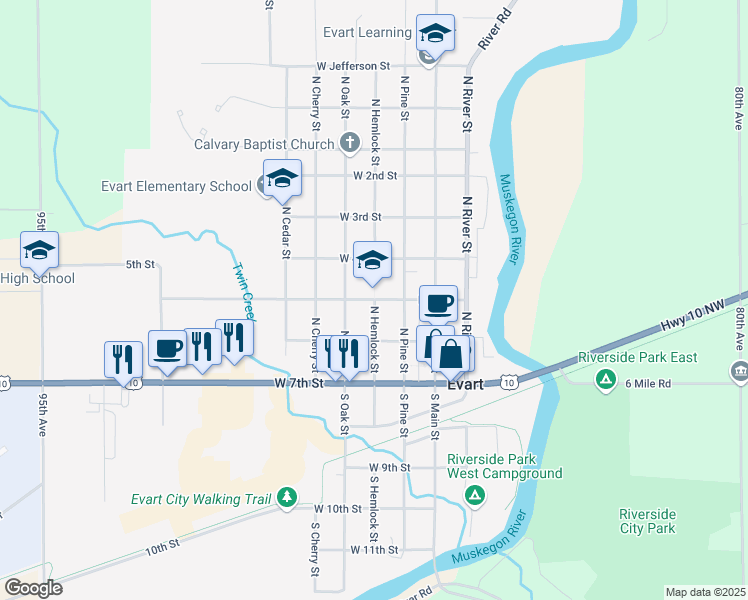 map of restaurants, bars, coffee shops, grocery stores, and more near 321 North Hemlock Street in Evart