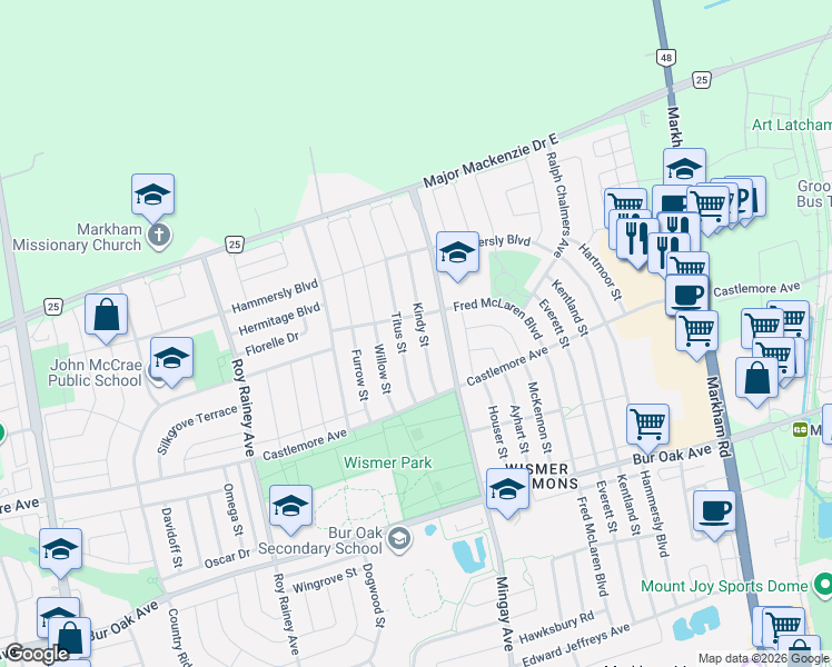 map of restaurants, bars, coffee shops, grocery stores, and more near 24 Kindy Street in Markham