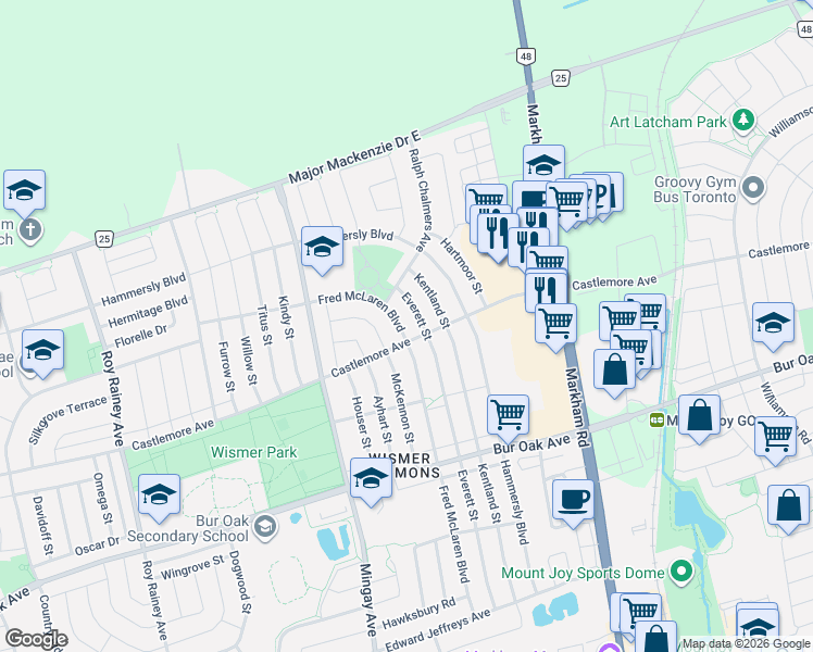 map of restaurants, bars, coffee shops, grocery stores, and more near 241 Fred McLaren Boulevard in Markham