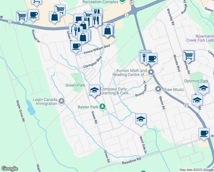 map of restaurants, bars, coffee shops, grocery stores, and more near 98 Aspen Springs Drive in Courtice
